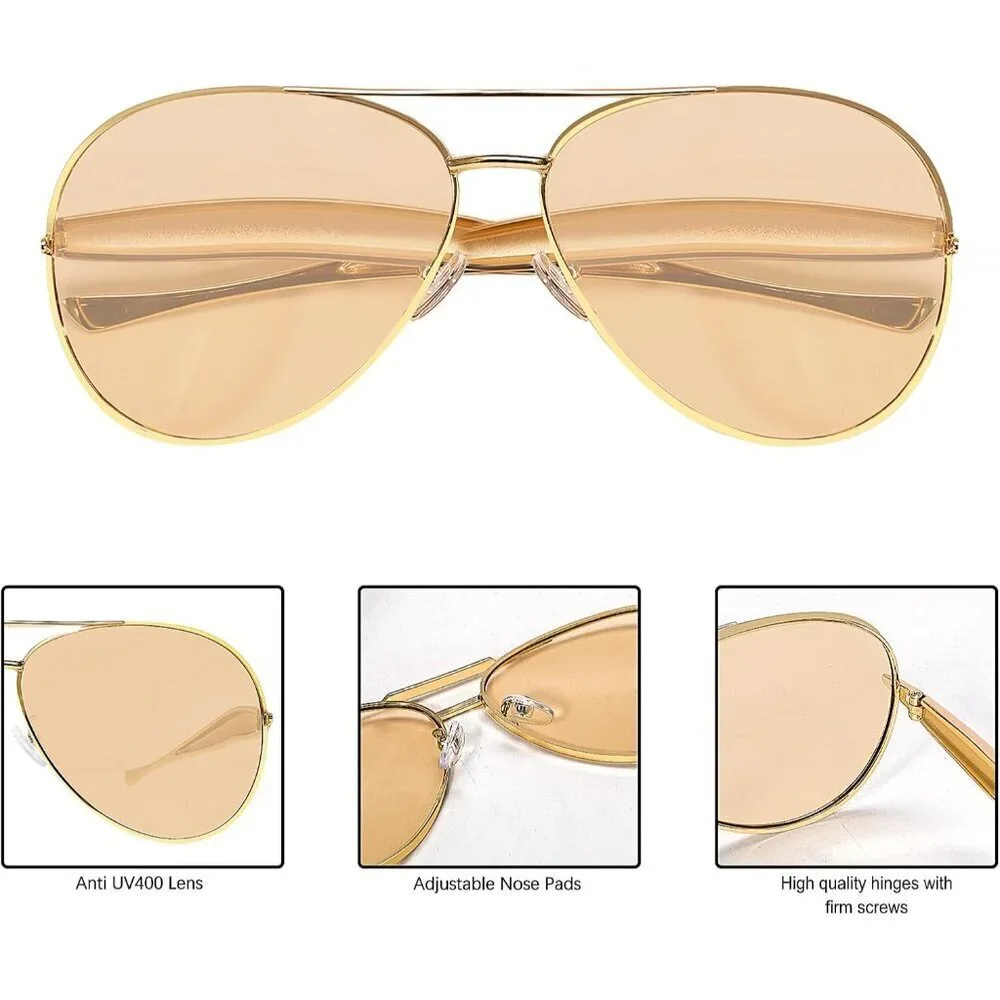 Retro Gold Aviator Sunglasses Metal Oversized 70s UV Protection Stylish